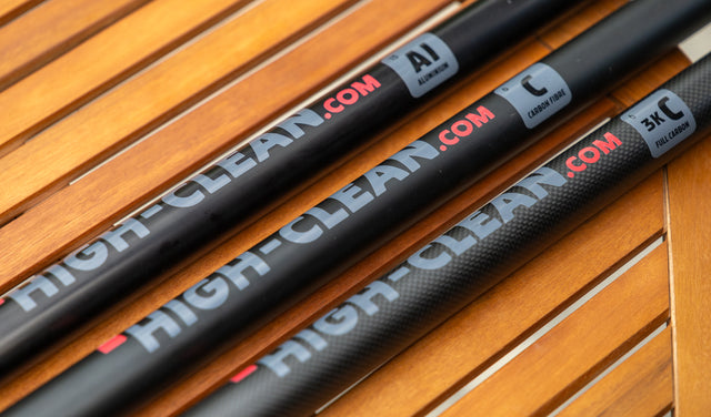 Telescopic poles of three different materials shown next to each other