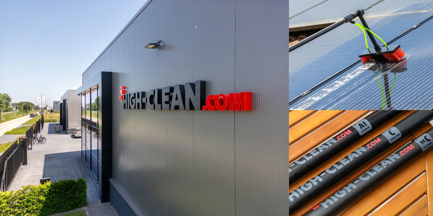 A collage of the High-Clean company building, cleaning solar panels and the three materials next to each other