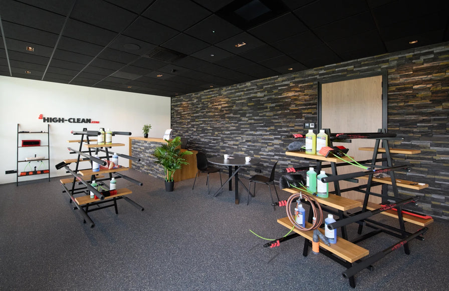 A wide shot of the showroom