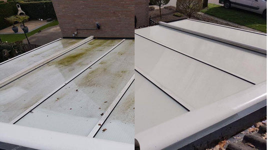 A dirty patio cover compared to a clean one