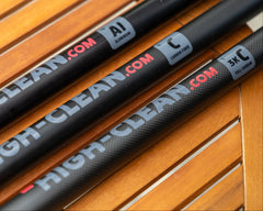 Telescopic poles of three different materials shown next to each other