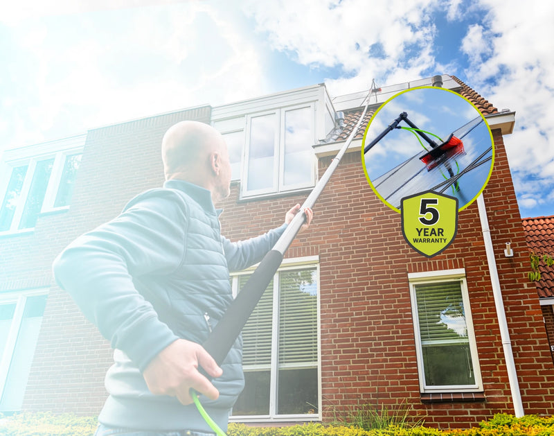 A man cleaning his solar panels with an icon showing 5 years of warranty